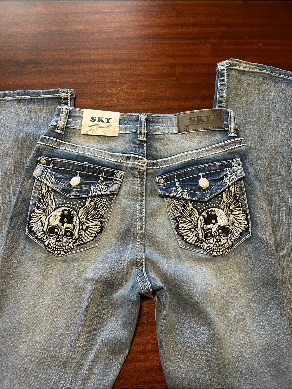 SKY Women’s Blue Embroidered Back-Pocket Jeans